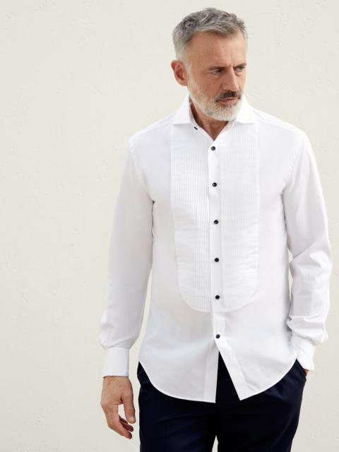 Brunello Cucinelli Giza cotton twill slim fit tuxedo shirt with pleated bib, spread collar and French cuffs