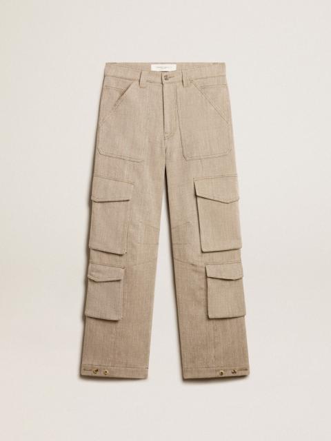 Women's dark olive-colored cotton cargo pants with a herringbone design
