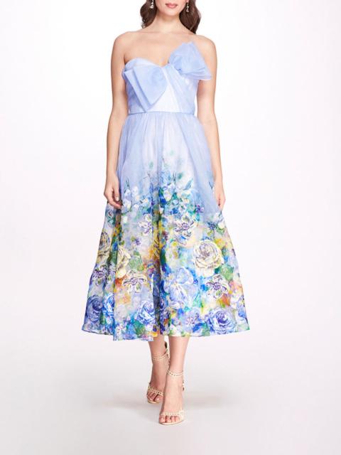 EMBROIDERED ORGANZA STRAPLESS MIDI DRESS