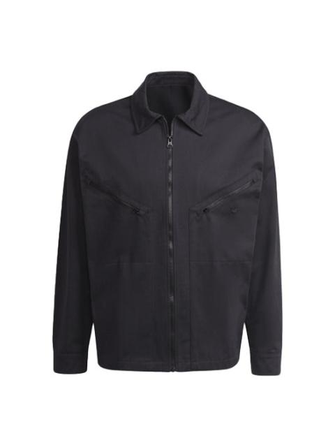 adidas Men's adidas originals Logo Embroidered Solid Color Lapel Long Sleeves Sports Black Jacket HC4540