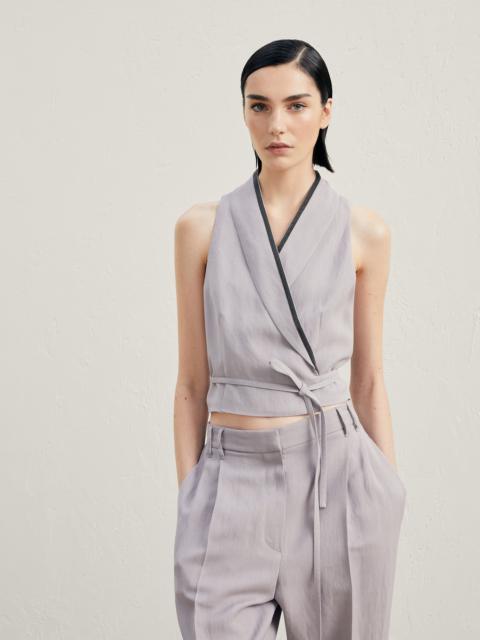 Wrap-effect vest in viscose and linen fluid twill with precious trim