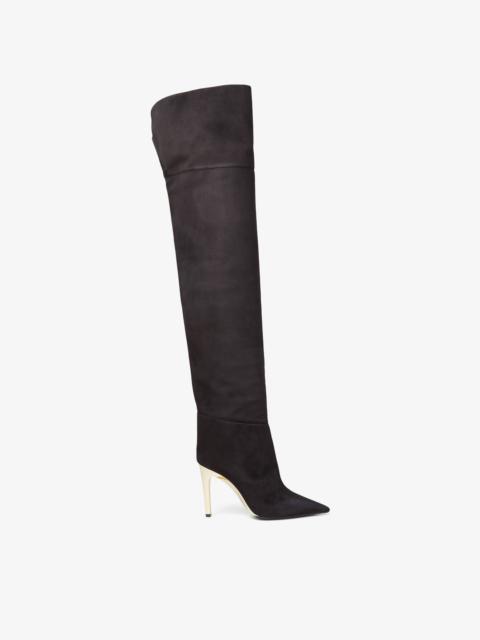 JIMMY CHOO Cierra Over The Knee 100
Black Suede Over-the-knee Boots with Gold Heel