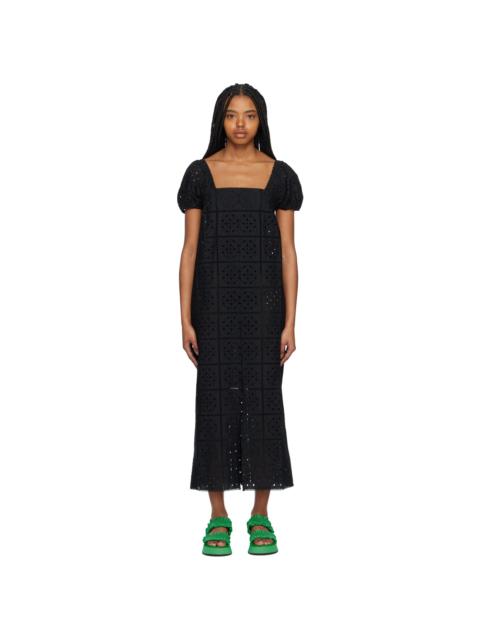 GANNI Black Puff Sleeve Midi Dress