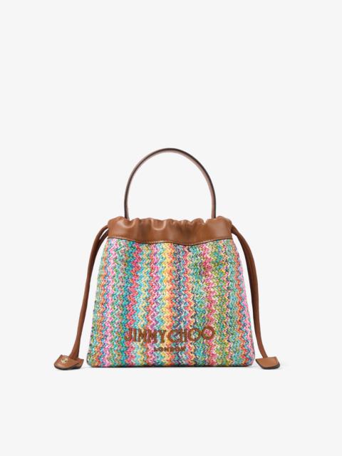 JIMMY CHOO Drawstring Pouch Top Handle Multi and Tan Chevron Raffia Drawstring Pouch with Leather Trim