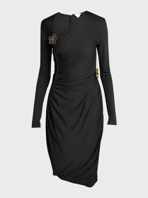 Bottega Veneta Flower-Applique Long-Sleeve Ruched Matte Crepe Viscose Jersey Dress