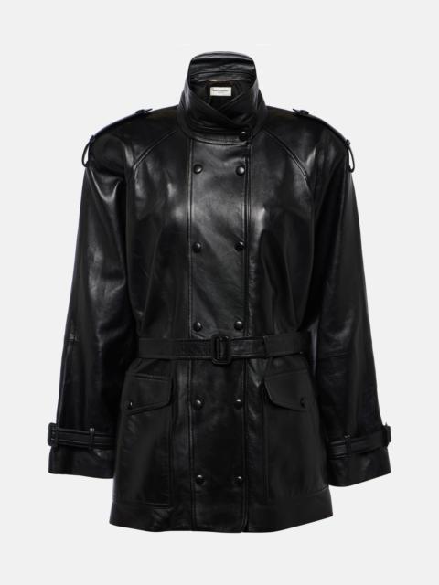 High-neck belted leather jacket