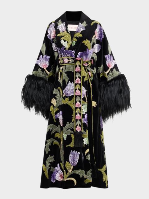Valentino Sequined Velvet Wrap Coat With Goat Shearling Trim