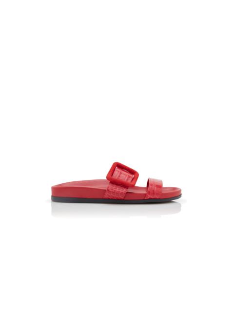 Red Calf Leather Buckle Detail Flat Mules