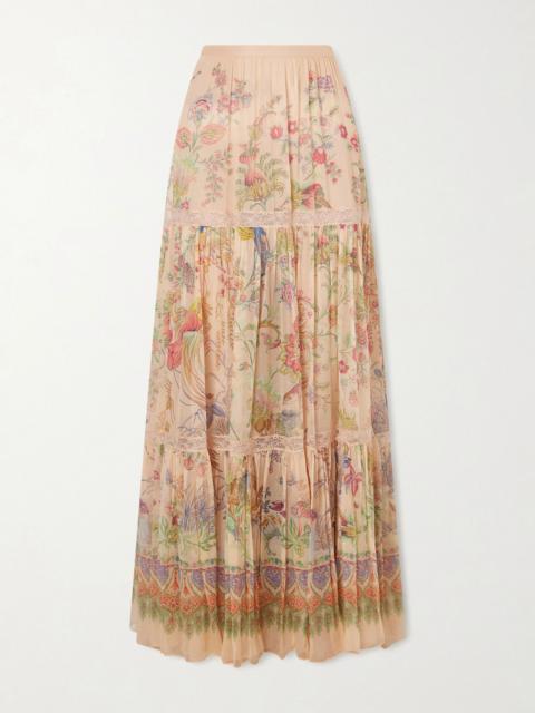Etro Tiered pleated lace-trimmed printed silk maxi skirt Multi