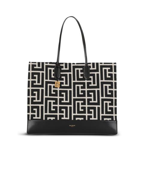 Balmain Large-sized bicolor ivory and black jacquard Folded Shopping Bag