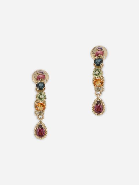 18 kt yellow gold pierced earrings  with multicolor fine gemstones