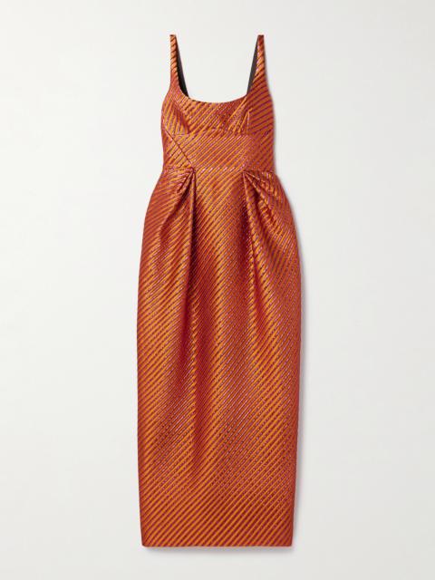 CHRISTOPHER JOHN ROGERS Pleated Striped Metallic Jacquard Maxi Dress