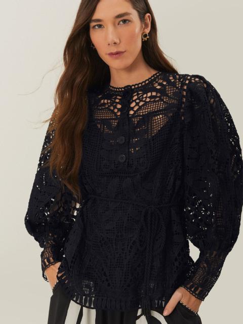 FARM RIO Black Guipire Puff Sleeve Blouse