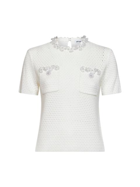 self-portrait Cream openwork knit top with bead embroidery