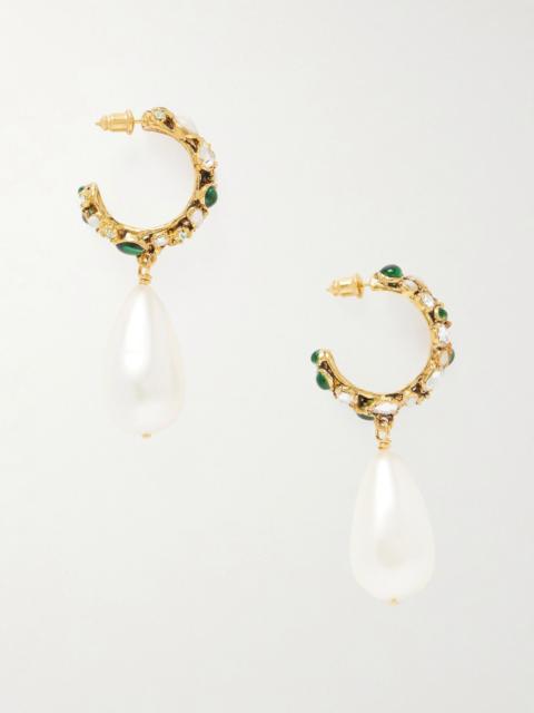 SAINT LAURENT Gold-tone, crystal and pearl hoop earrings Gold