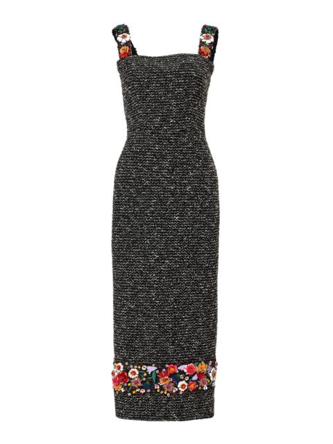 CAROLINA HERRERA Embroidered Textured Tweed Ankle-Length Dress black/white