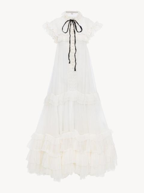 Chloé TIE-FRONT RUFFLED LONG DRESS IN SILK MOUSSELINE & LACE