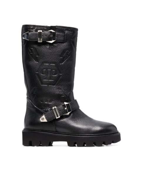 Biker monogram-debossed leather boots