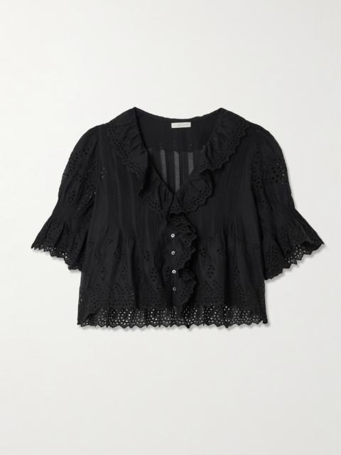 DÔEN Henri Cropped Ruffled Pintucked Broderie Anglaise Cotton Top