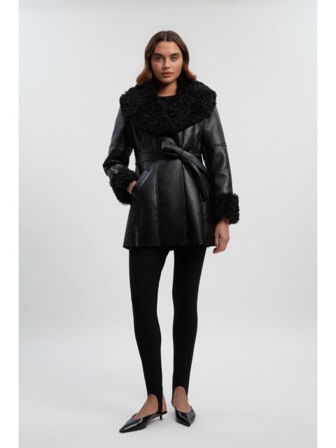 KAREN MILLEN Faux Long Fur Belted Cuff And Collar Coat