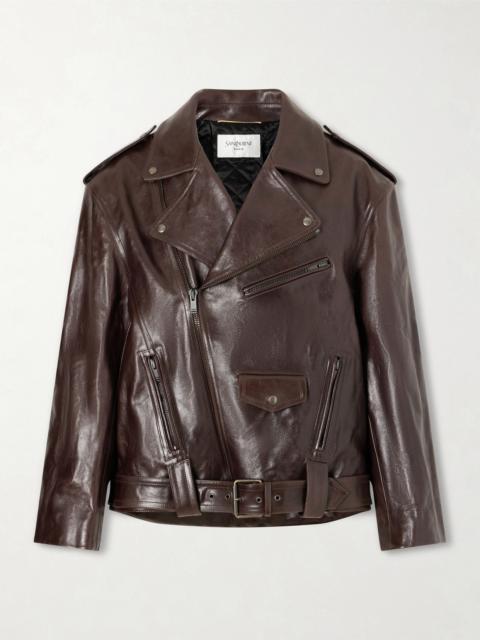 SAINT LAURENT Glossed Textured-leather Biker Jacket