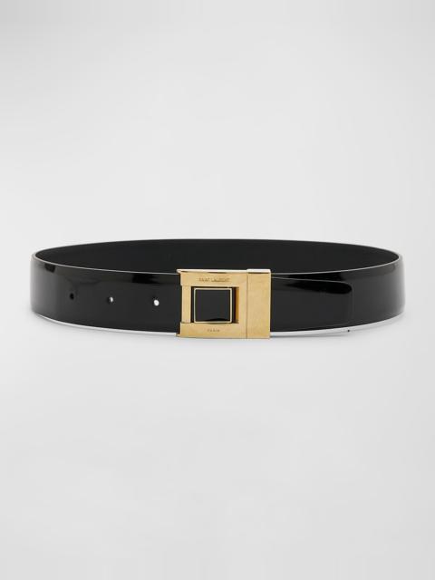 SAINT LAURENT Patent Leather Belt With Engraved Brass Buckle