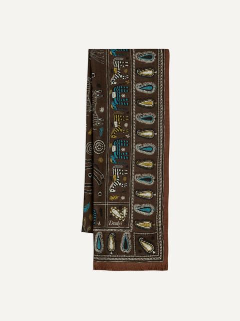 Drake's Brown Rustic Elephant Print Wool-Silk Scarf