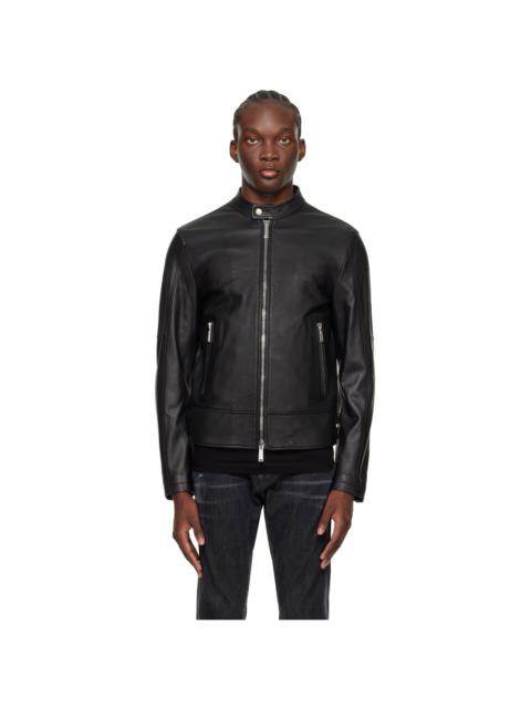 Black Band Collar Leather Biker Jacket