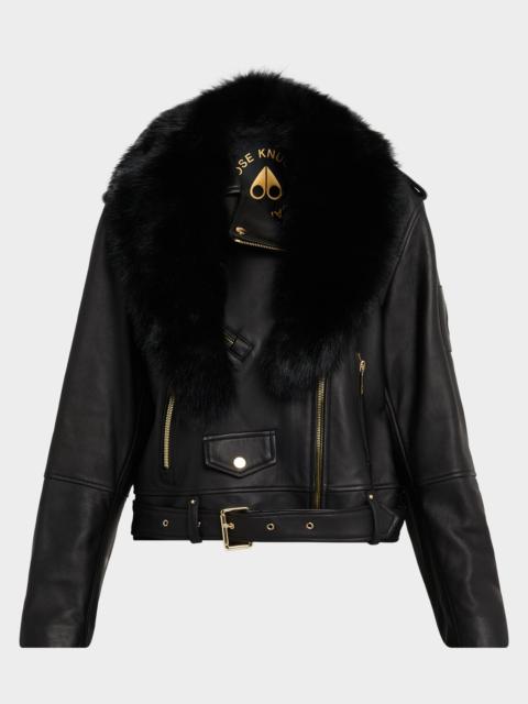MOOSE KNUCKLES Sloan Leather Biker Jacket with Shearling Collar