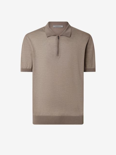 CORNELIANI Ice cotton and silk polo shirt with nude/brown zip