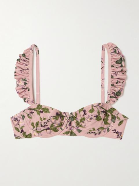Agua by Agua Bendita Kiwi Wisteria Ruffled Embroidered Floral-print Underwired Recycled Bikini Top