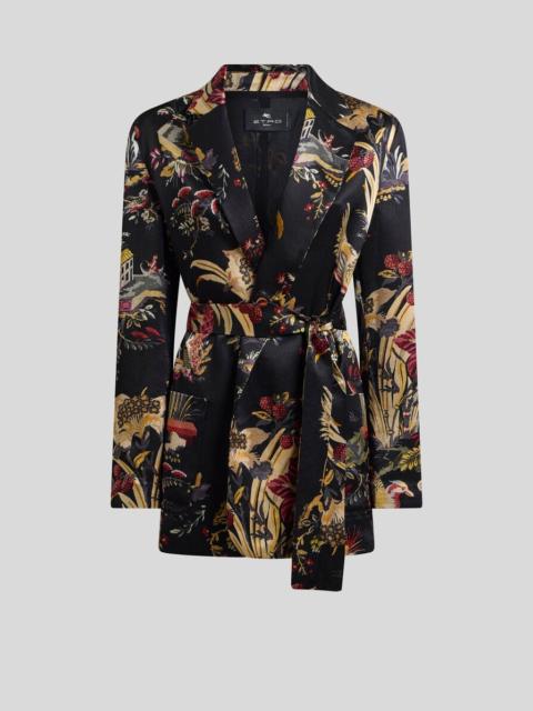 Etro ENVERS SATIN JACKET WITH BELT AND FLOWER AND ANIMAL MOTIF