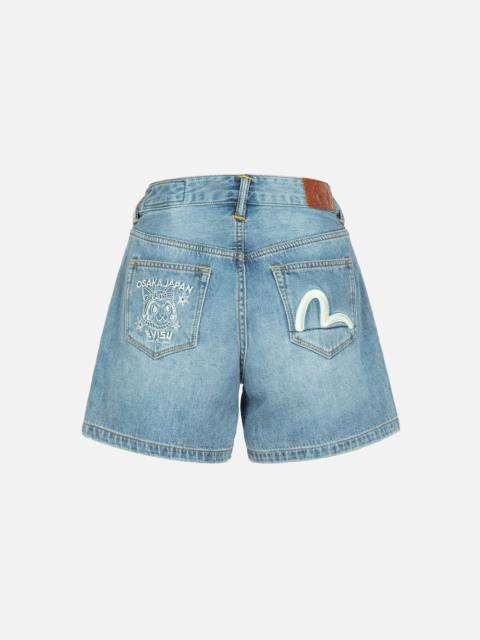 EVISU LUCKY CAT AND SEAGULL EMBROIDERY DENIM SHORTS