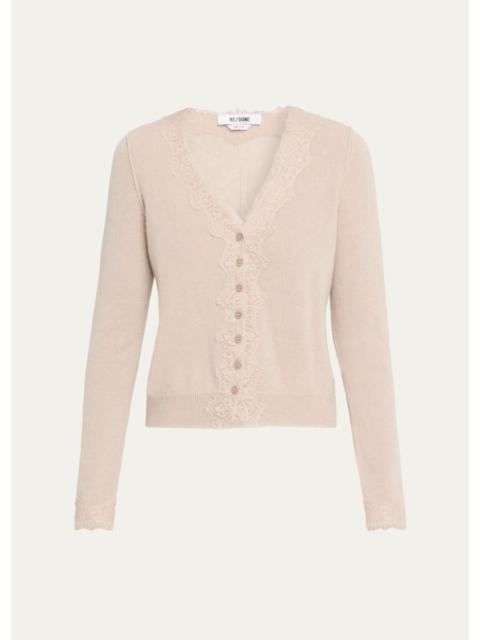 RE/DONE Ruby Lace-Trim Cashmere Cardigan