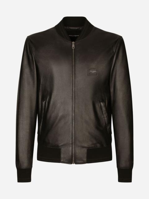 Leather jacket with branded plate