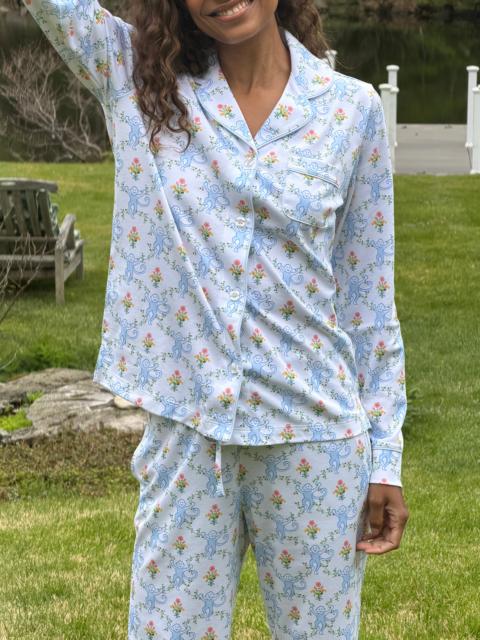 Hill House Home Roller Rabbit x Hill House Long Sleeve Polo Pajamas - Blue Floral Monkey Trellis