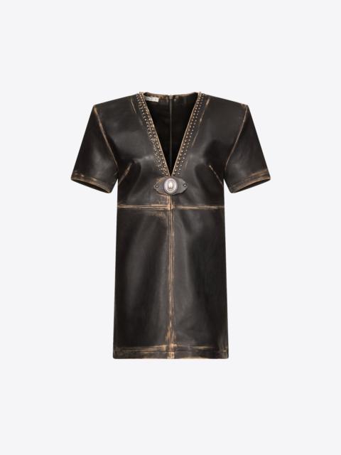 AREA STUDDED LEATHER V-NECK T-SHIRT DRESS