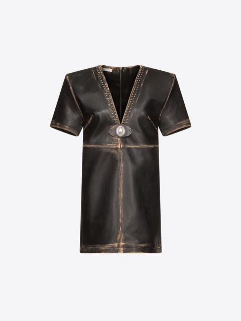 STUDDED LEATHER V-NECK T-SHIRT DRESS