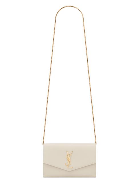 SAINT LAURENT Women's Uptown Chain Wallet in Grain De Poudre Embossed Leather - Crema Soft
