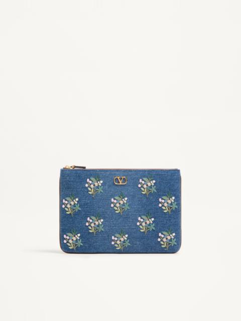 Valentino VALENTINO GARAVANI VLOGO SIGNATURE CLUTCH BAG IN DENIM WITH FLORAL EMBROIDERY