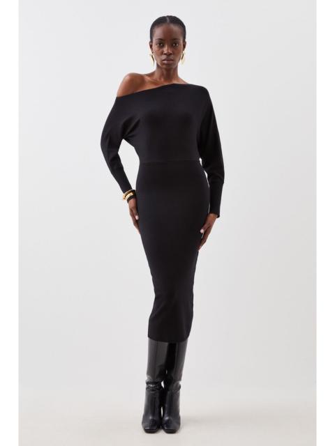 KAREN MILLEN Viscose Blend Knit Asymmetric Neck Midi Dress
