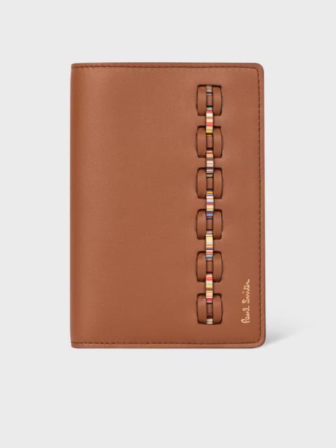 Brown Woven Front Calf Leather Passport Cover Wallet