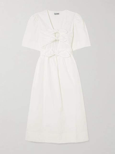 GANNI Belted tie-detailed gathered cotton-blend poplin midi dress White