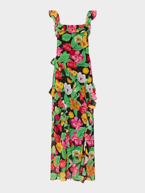 MILLY Tulip Rosette Floral-Print Ruffle Maxi Dress