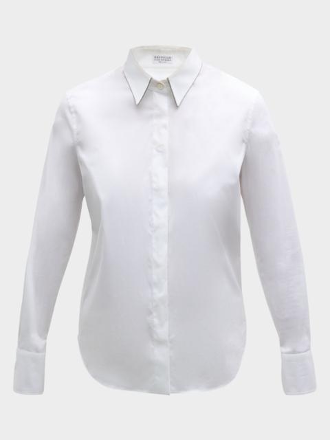 Cotton Poplin Button-Front Top with Monili Trim