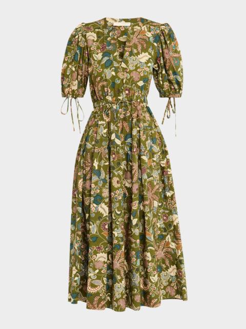 Adriana Puff-Sleeve V-Neck Midi Dress