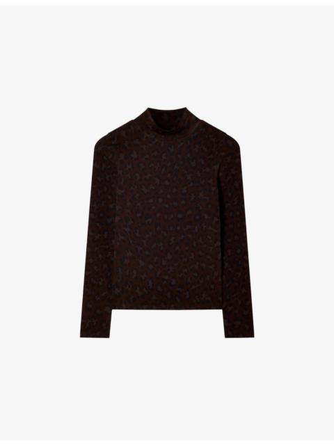 WHISTLES Leopard-Print High-Neck Stretch-Cotton Top