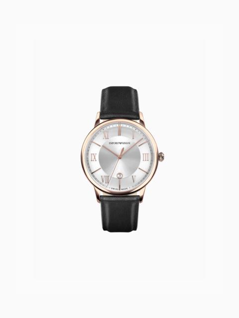 EMPORIO ARMANI SWISS MADE THREE-HANDATE 블랙 리더 워치
