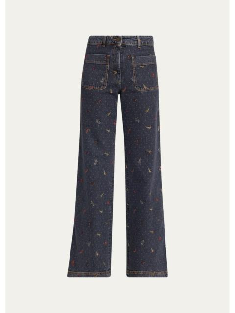 Etro Patch Pocket Polka-Dot Denim Wide-Leg Jeans