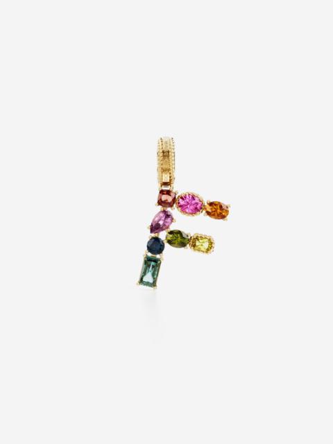 Rainbow alphabet F 18 kt yellow gold charm with multicolor fine gems